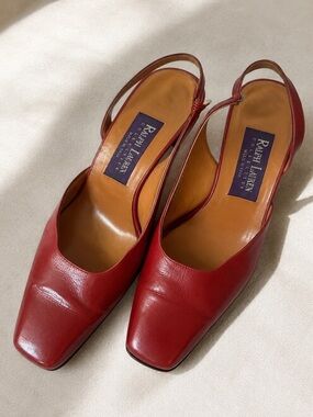 Ralph Lauren Collection 8.5 AA red leather slingback wedge heels made in italy